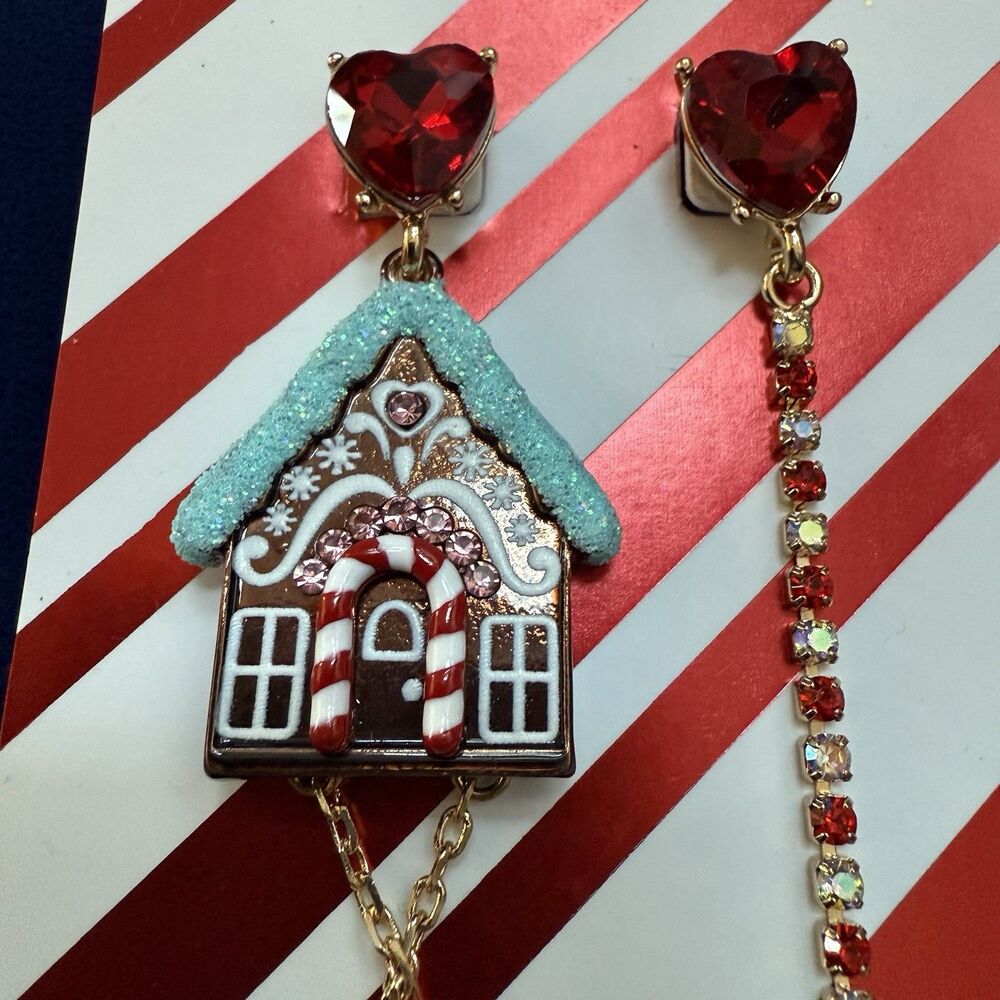 Betsey Johnson Jingle Bell Christmas Gingerbread Man House Earrings Mismatch New - Picture 3 of 5